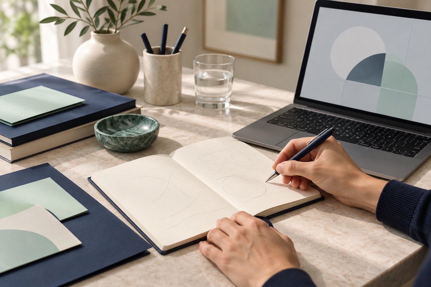 Quaderno, materiali ed esercitazioni su un tavolo